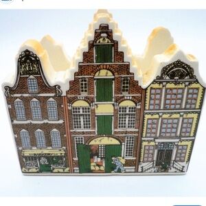 Vintage Delft Blue Napkin Holder Dutch Canal House Ceramic Green Brown Handpaint